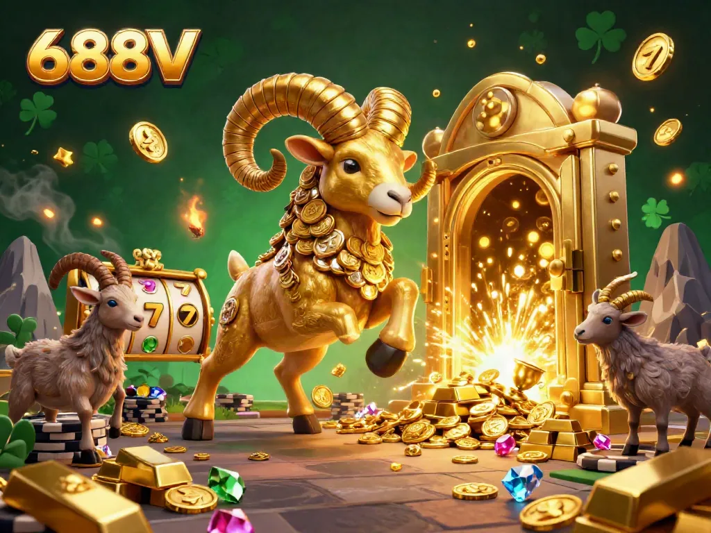 Experience the excitement of 688V with a panoramic illustration featuring dynamic golden elements and vibrant game symbols.