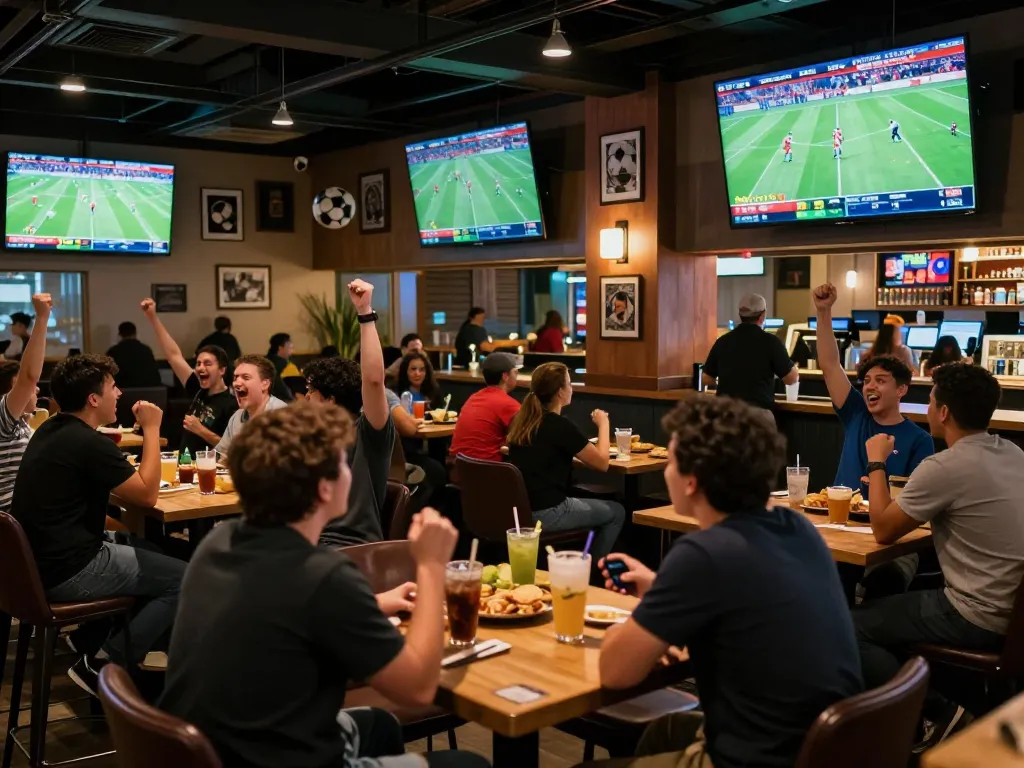 Socolive users engaging in live football matches in a vibrant sports bar setting, enhancing the viewing experience.