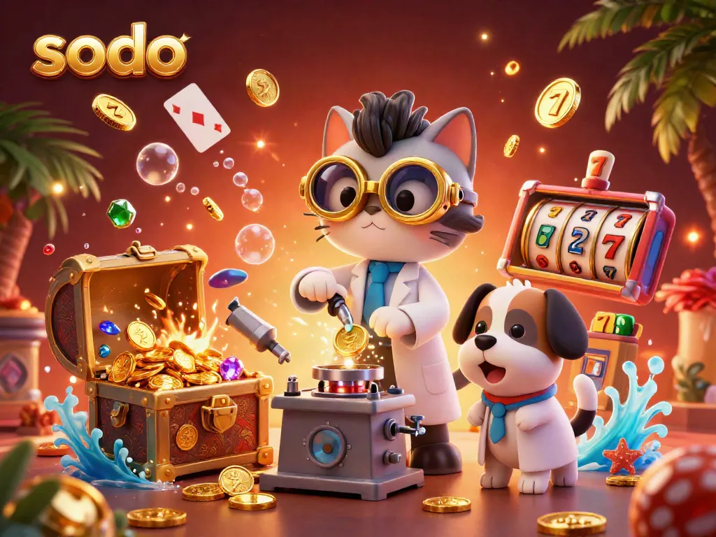 Sodo players experience thrilling casino action with a scientist cat and assistant dog amid golden treasure and lively game elements.
