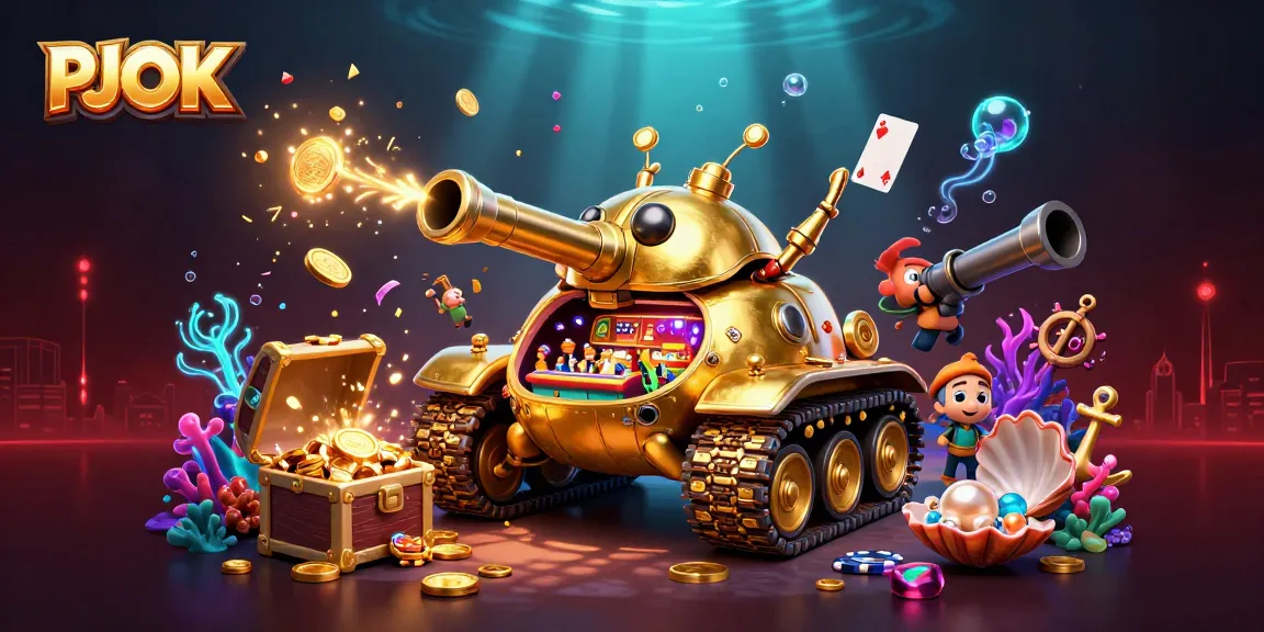 PJOK showcases thrilling gaming with a golden beetle tank casino amidst an underwater spectacle, highlighting unique betting excitement.