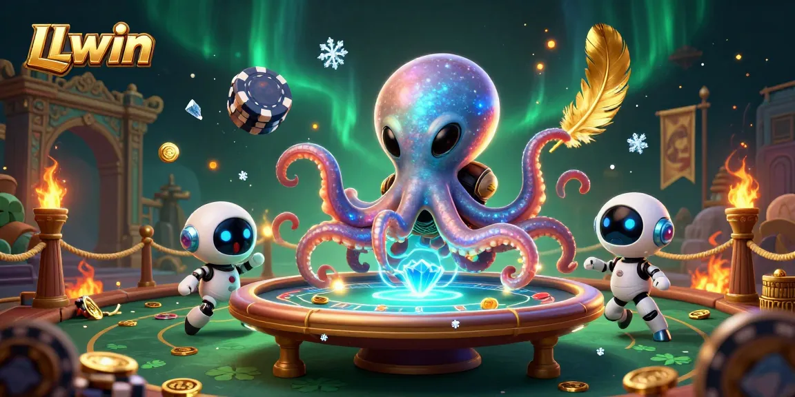 Engage in exciting gameplay with LLwin featuring a cosmic octopus at a holographic poker table.