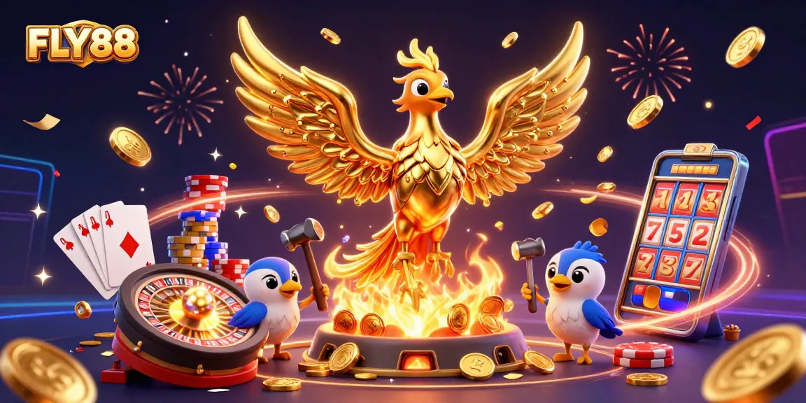 FLY88 promotes excitement with a golden phoenix and dynamic casino elements exemplifying jackpot wins.