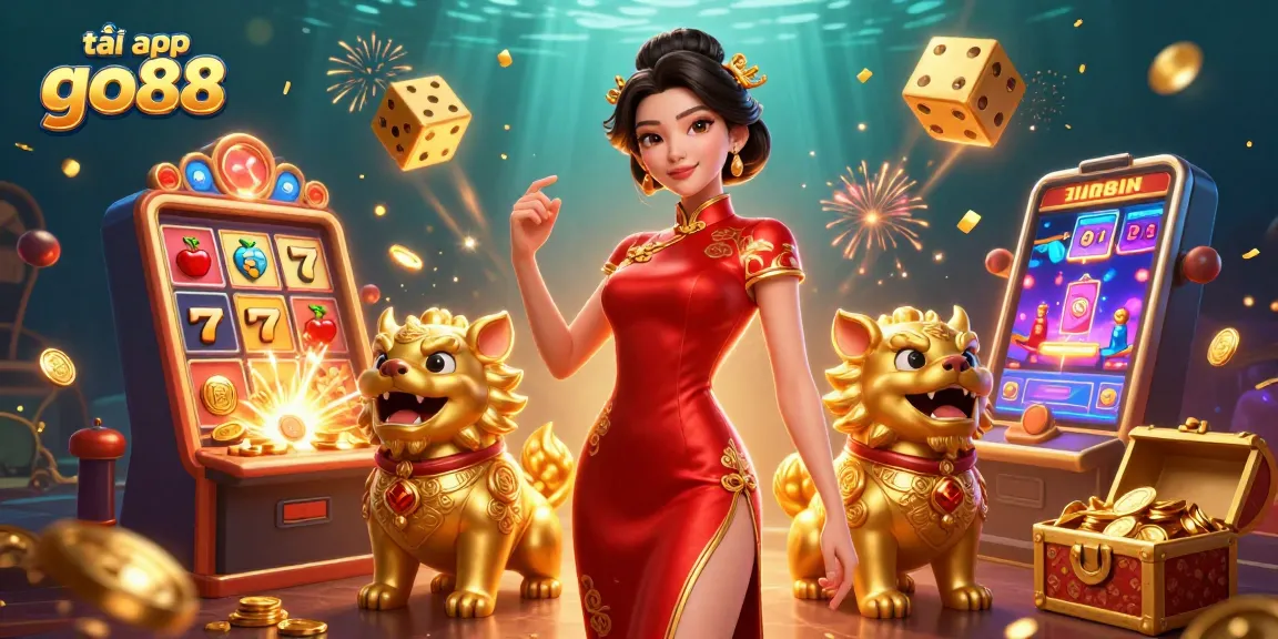Spin and win with tải app go88, featuring a glamorous woman, slot machines, and festive fireworks.