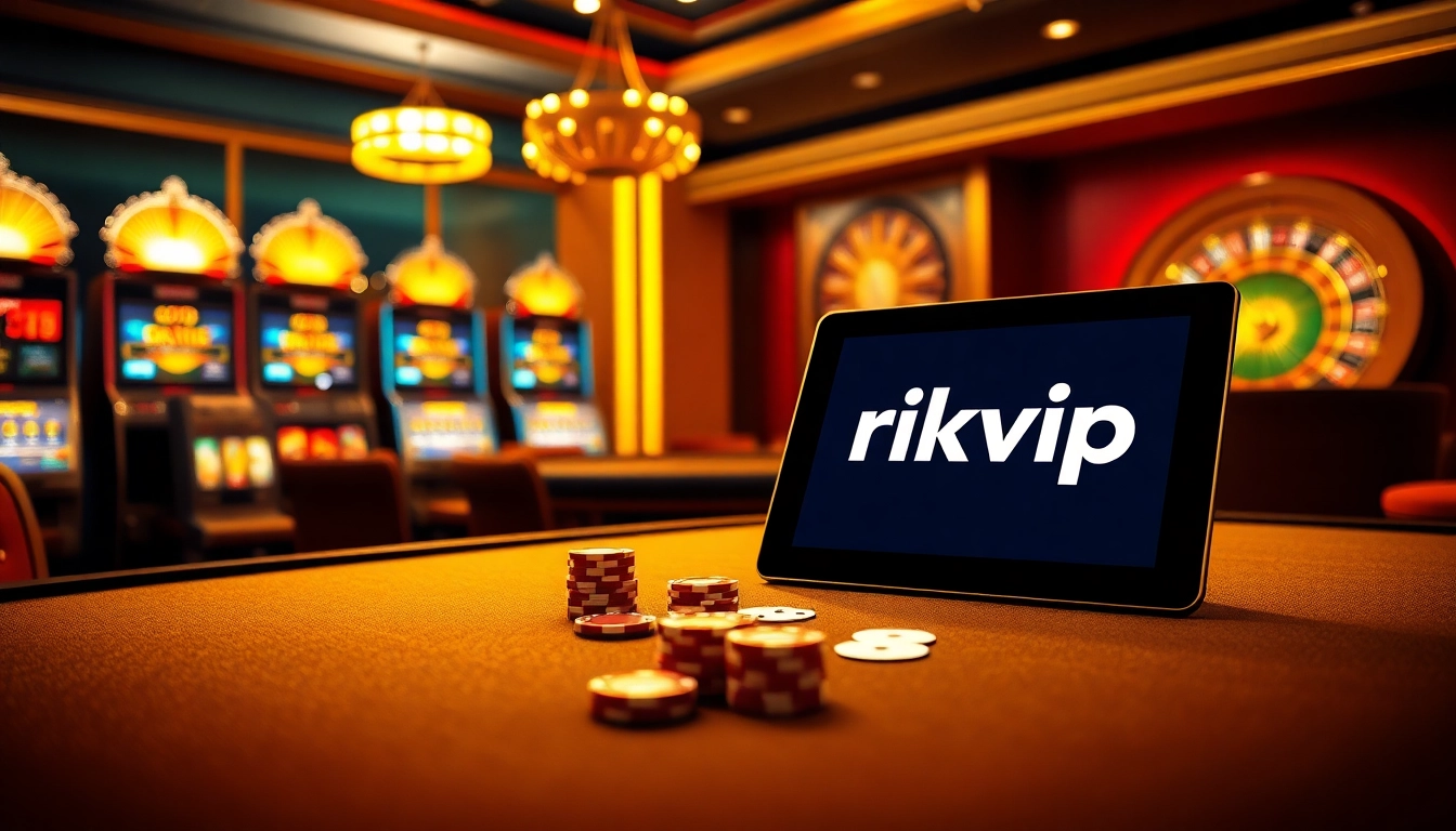 Exciting casino scene showcasing rikvip with poker chips and cards on a stylish gaming table.