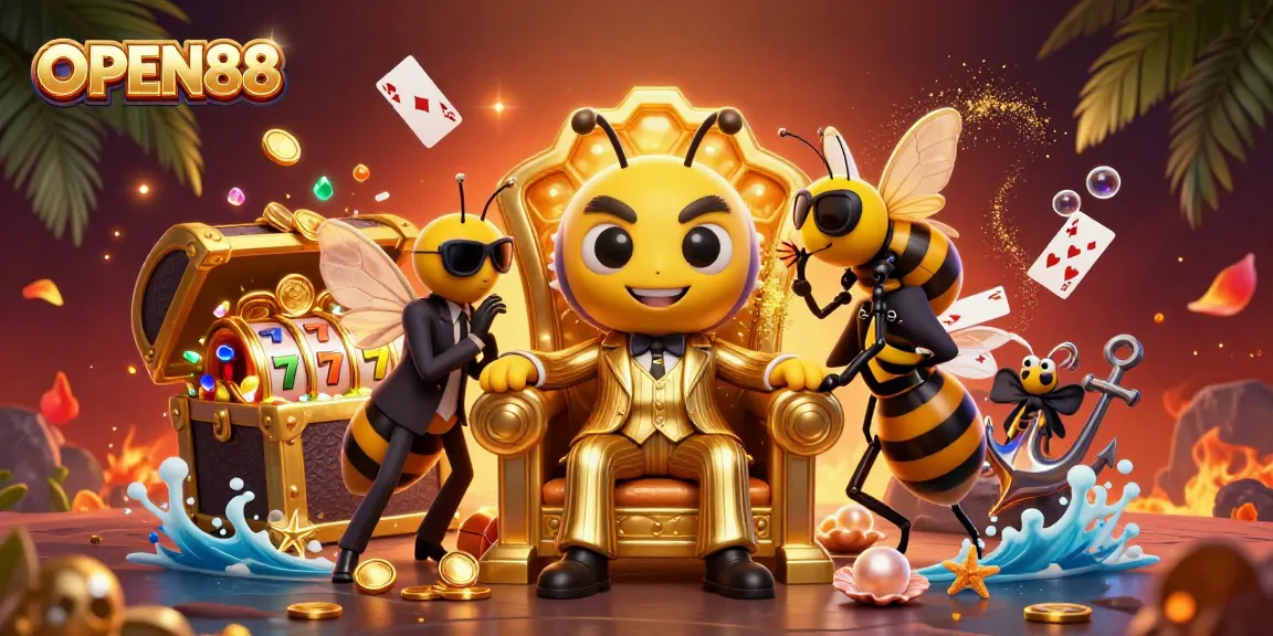 Experience the vibrant world of OPEN88 with a unique 3D digital illustration featuring characters, casino games, and lively elements.