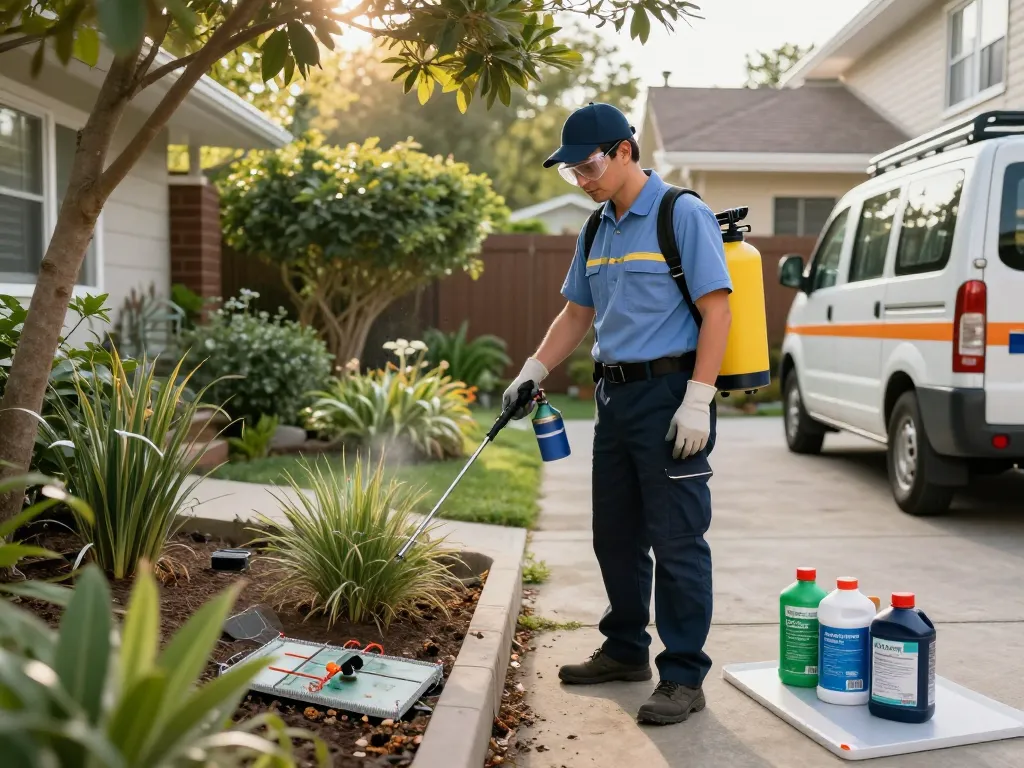 Pest control technician applying treatments in backyard with Dedetizadora services for effective pest management.