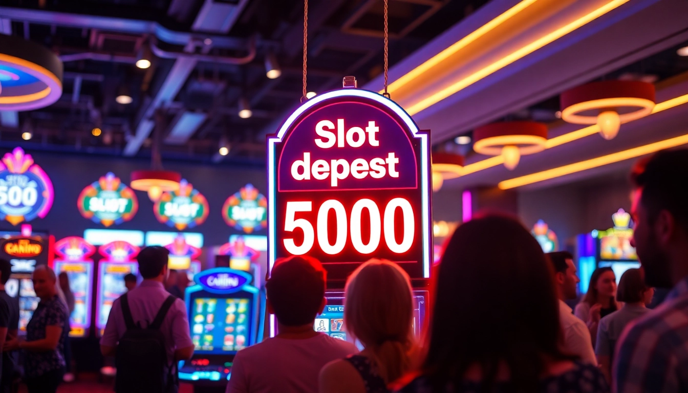 Slot deposit 5000 pada mesin slot yang menarik, dikelilingi pemain yang antusias.