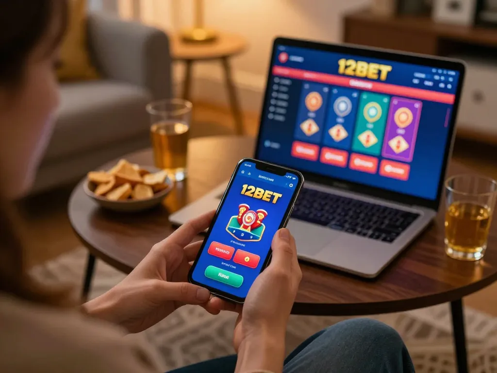 Interagindo com o app 12Bet no smartphone em um aconchegante setup de jogos em casa, com petiscos e bebidas por perto.