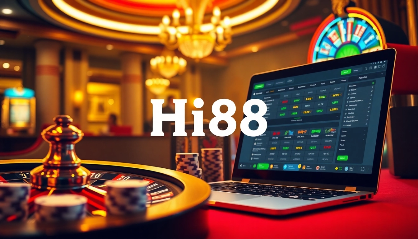 Experience the thrill of online gaming with Hi88's vibrant casino ambiance featuring roulette and poker action.