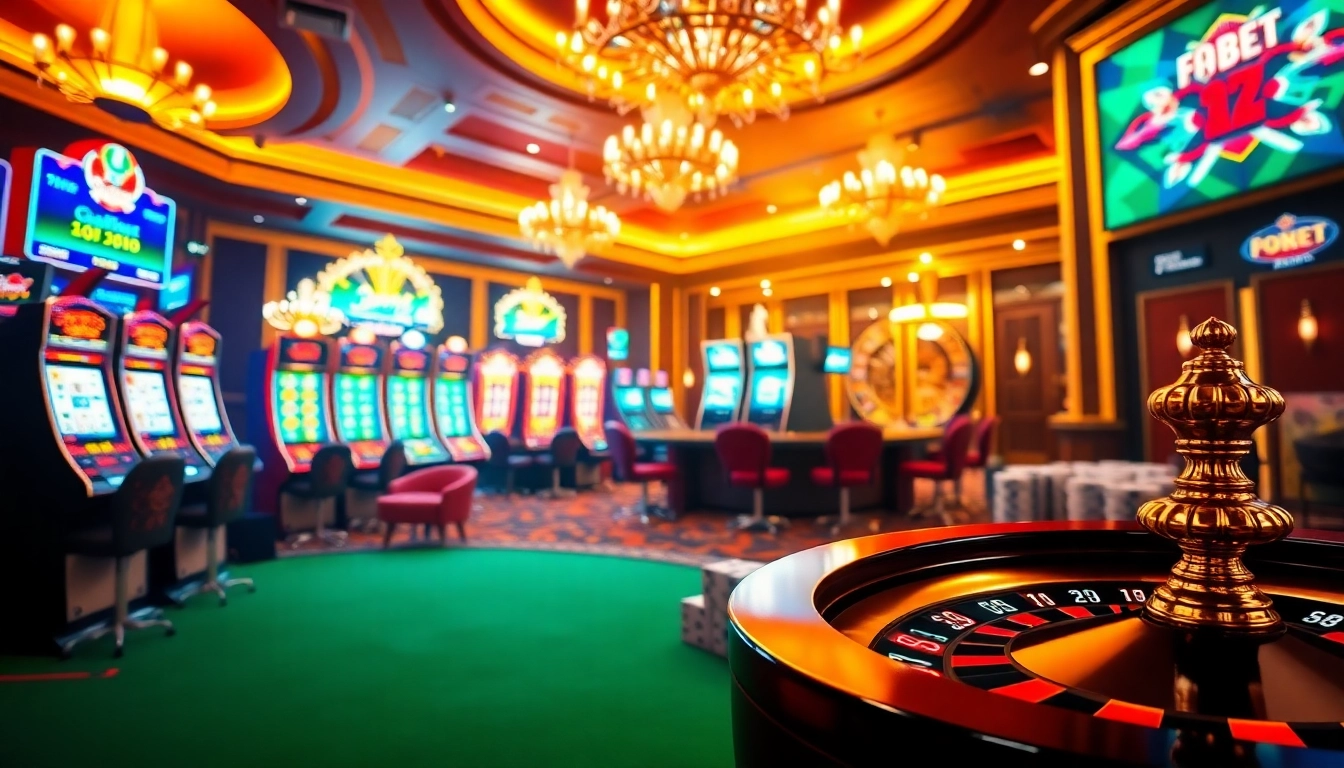Experience thrilling gambling action at https://f8bet.dental with slot machines and poker tables in a vibrant casino scene.