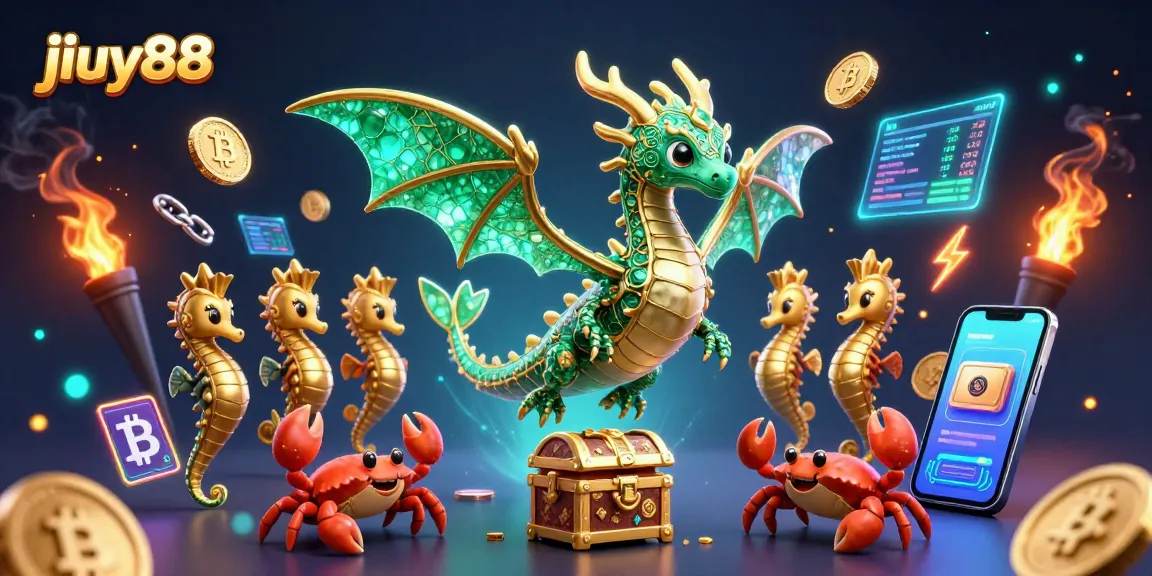 Join the ultimate jiuy88 casino experience with a vibrant treasure scene featuring a sea dragon and crypto elements.