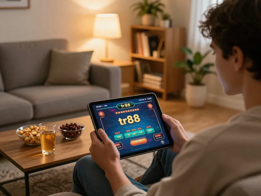 Player engaging with tr88 casino app on tablet in a cozy home setting, showcasing online gaming.