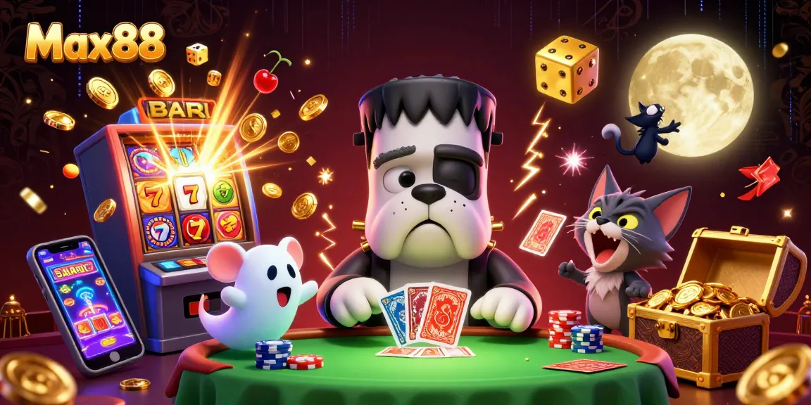 Max88 features a lively casino scene with cartoon characters engaging in card games amidst vibrant gambling elements.