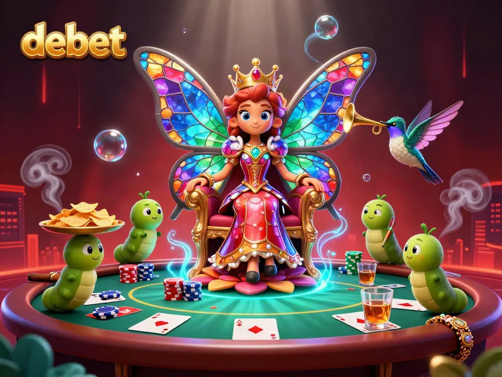 Engage in fabulous gaming experiences at debet with a vibrant poker scene featuring a butterfly queen.