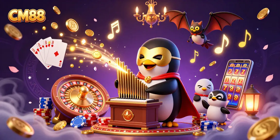 Play CM88 at a dazzling casino scene featuring a golden penguin organist with cascading coins.