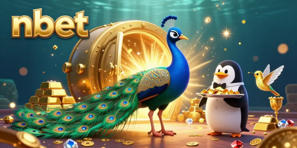 Experience the vibrant world of nbet with a 3D peacock and treasure vault, capturing the excitement of online gaming.