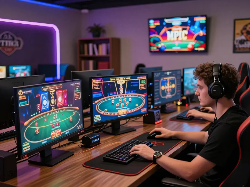 Engaging online gaming experience at rikvip with multiple casino games and professional gamer in action.