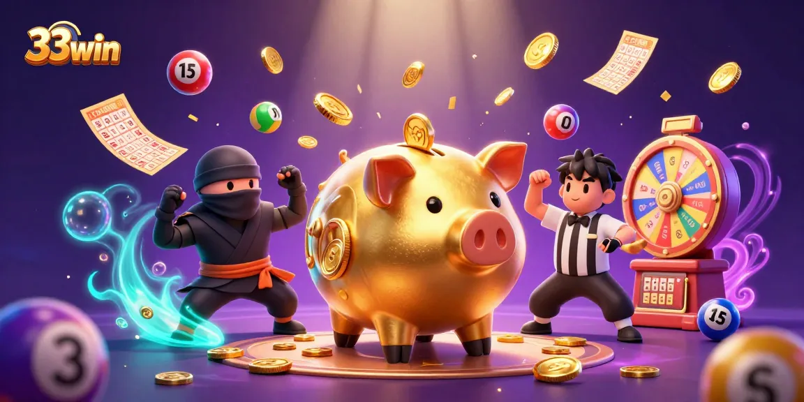 33win showcases an exhilarating scene with a golden piggy bank sumo wrestler surrounded by vibrant lottery elements.