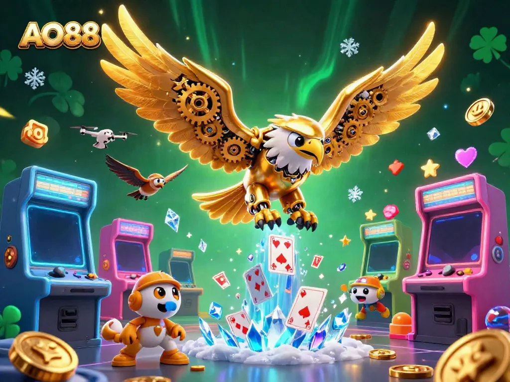 Experience the thrill of AO888 with a dynamic illustration of a golden eagle soaring through a vibrant casino world filled with holographic elements.