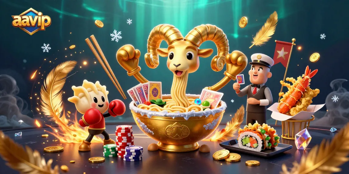 Aavip casino illustration featuring a giant ramen bowl character captivating players with cards and chips.