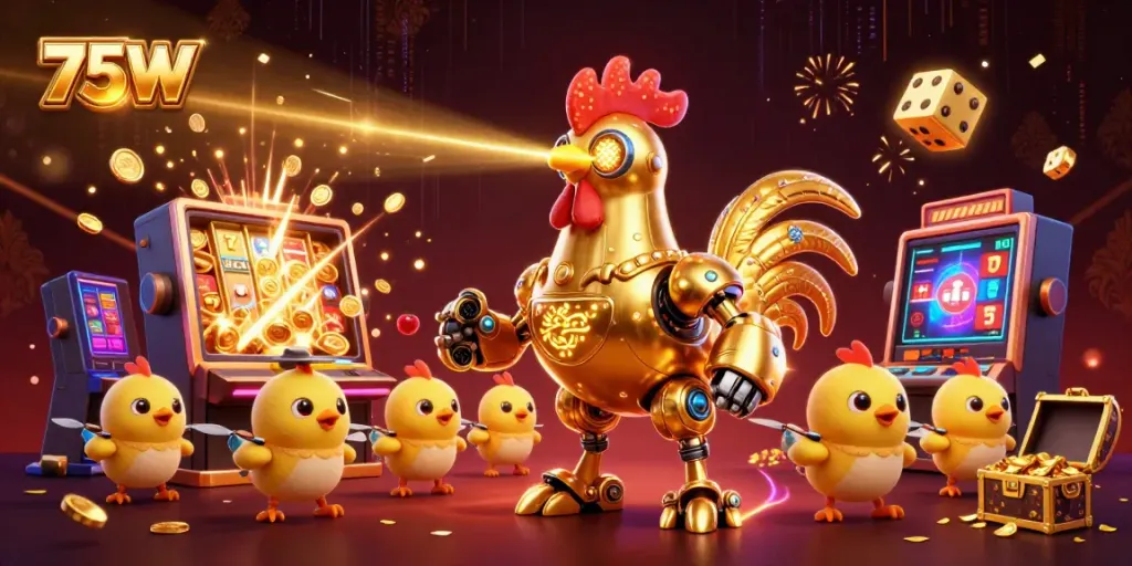 Experience the thrill of gaming with 75W's dazzling casino-themed 3D illustration featuring vibrant elements.