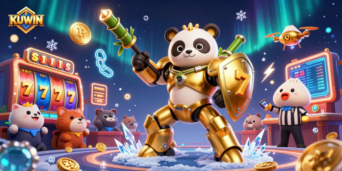 KUWIN casino illustration showcasing a lively gaming arena with dynamic characters and action-packed elements.