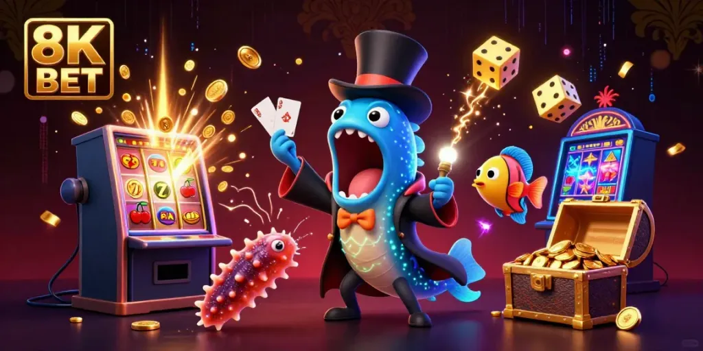 Experience the thrill of 8K BET with a vibrant casino illustration featuring aquatic characters in action.