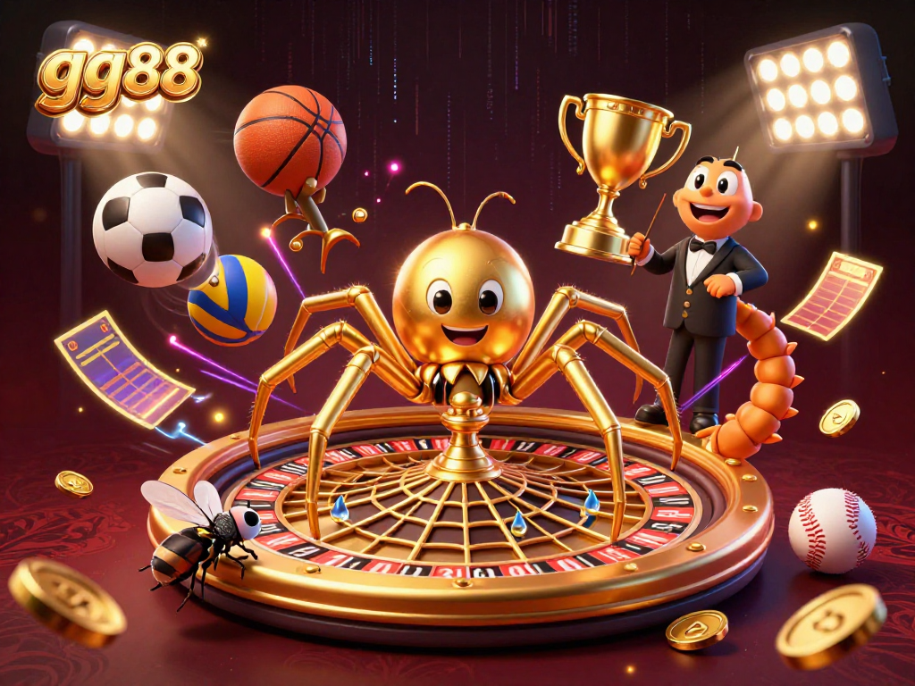 Experience thrilling bets at gg88 with a golden spider spinning a roulette web and sports excitement.
