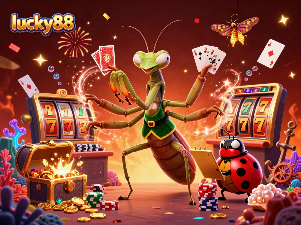 Experience thrilling gameplay with lucky88 slot reels and whimsical characters in an energetic casino atmosphere.