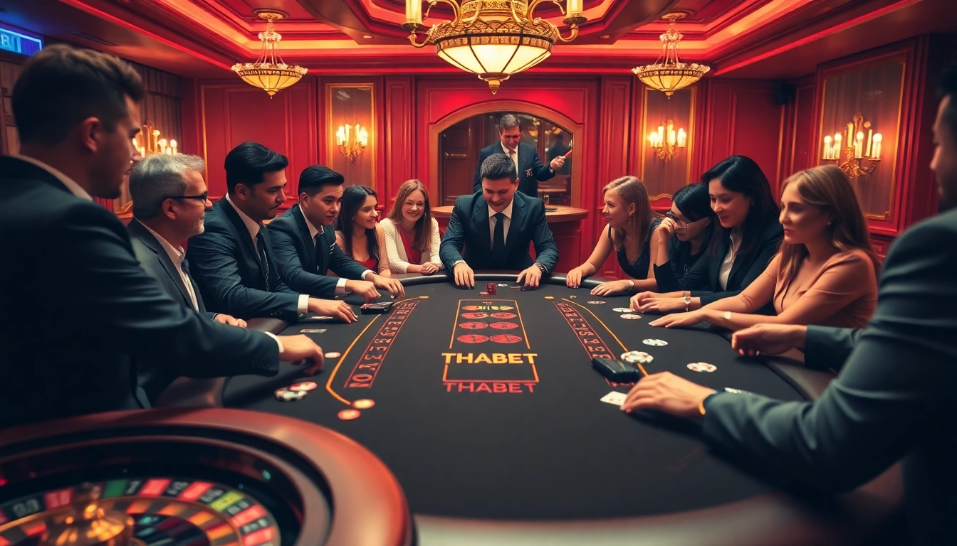 Players enjoying a thrilling poker game at a luxurious THABET casino table.