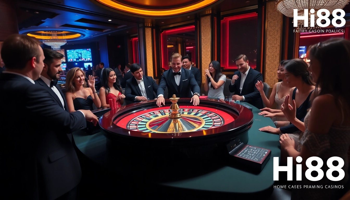 Experience the thrill of Hi88 at a luxurious casino with a vibrant roulette table and excited players.