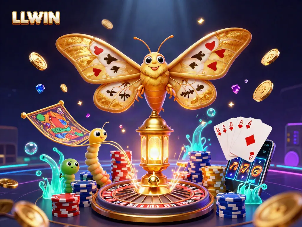 Engage with LLWIN's vibrant online casino world featuring golden coins, dynamic game elements, and captivating characters.