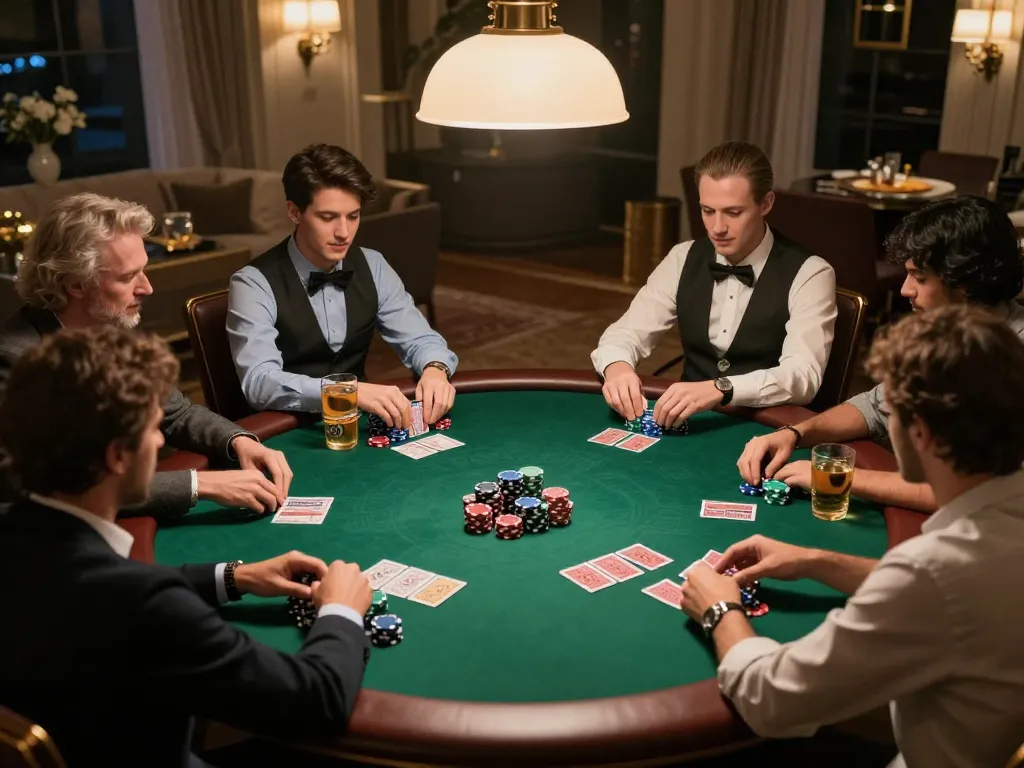 Players enjoy a lively poker game at home, showcasing strategic gameplay with 789win themed elements.