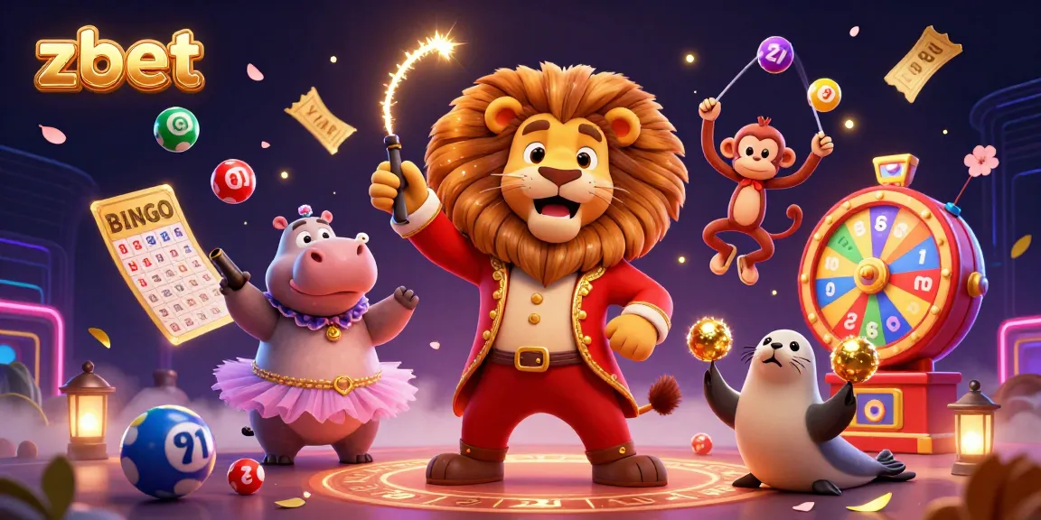 Join the zbet fun with a captivating circus-themed digital illustration featuring vibrant lottery balls and charming characters.