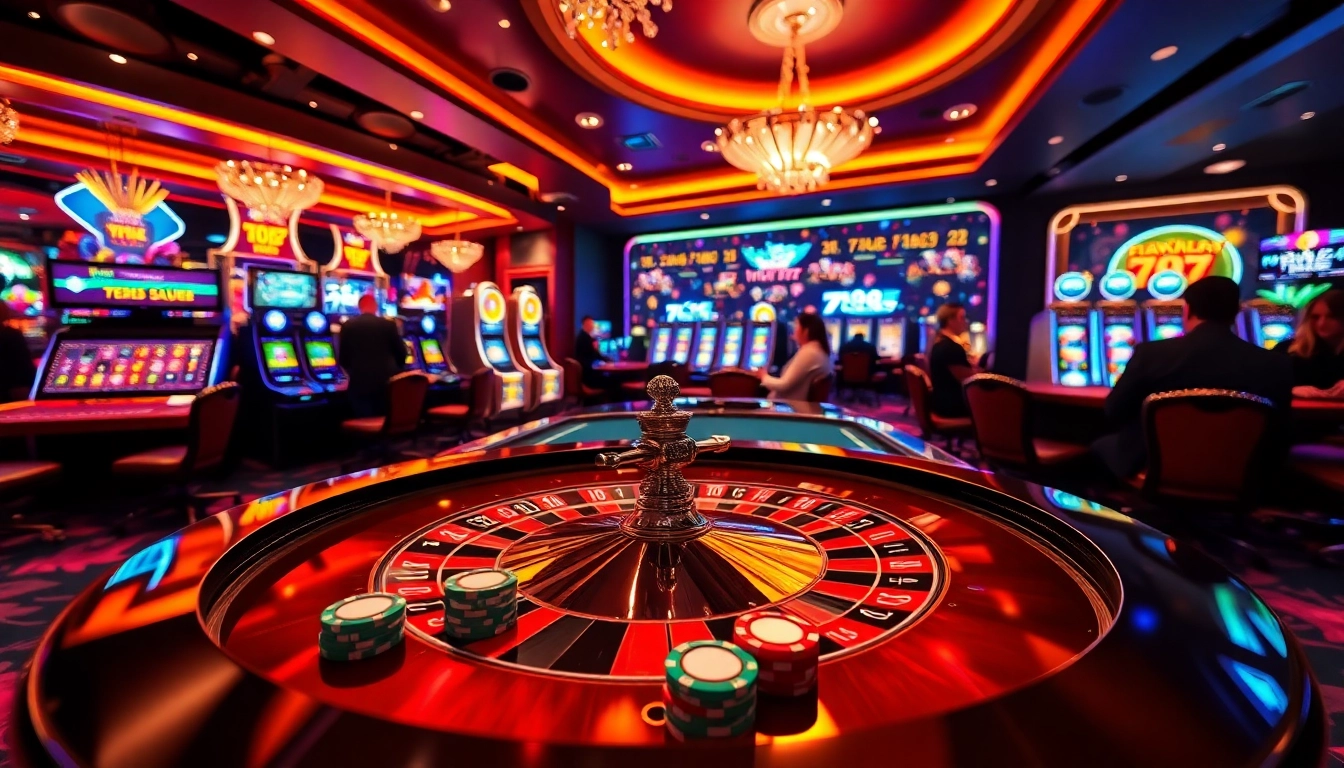 A vibrant scene showcasing online gambling at 788t with roulette table, poker chips, and slot machines.