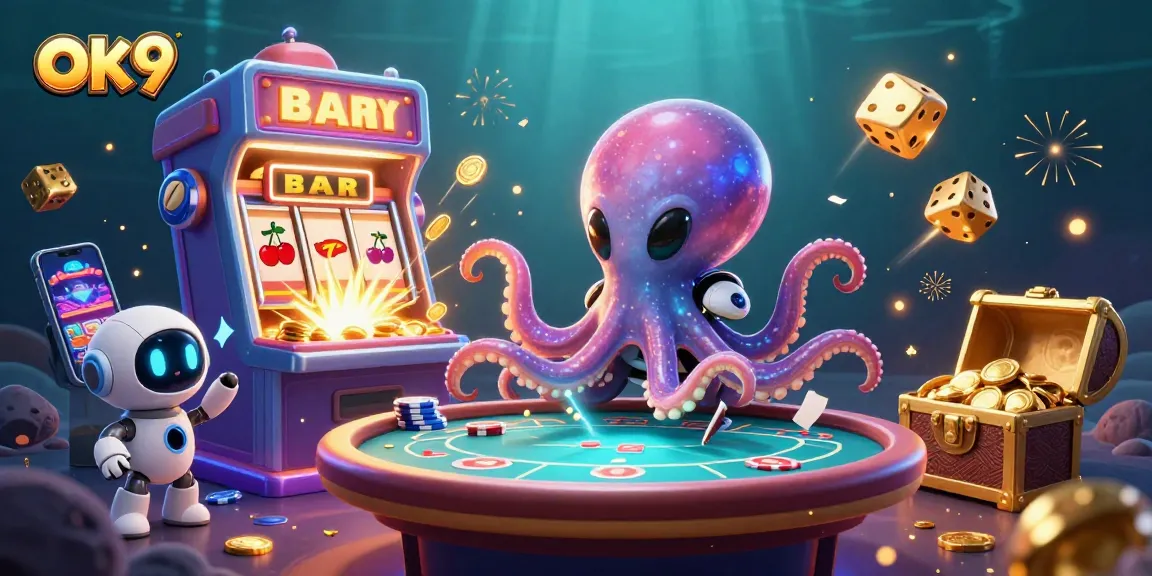 Experience thrilling poker action with OK9's alien octopus and dynamic game elements in a vibrant casino scene.