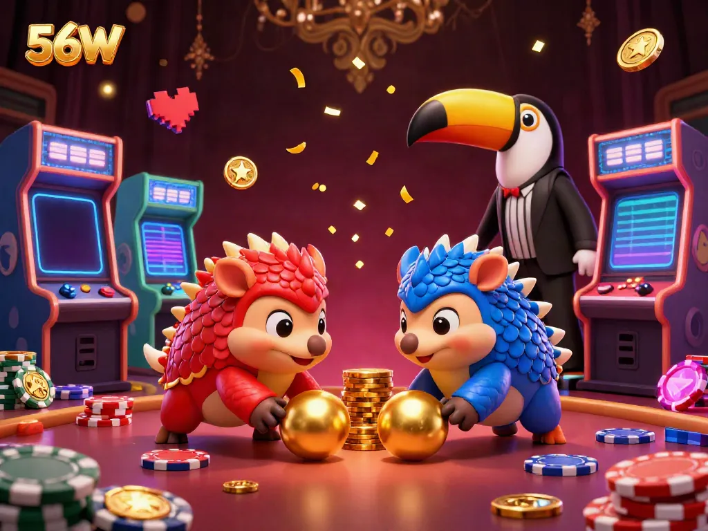 Rival pangolins compete in a golden casino-themed game setting featuring 56W elements.