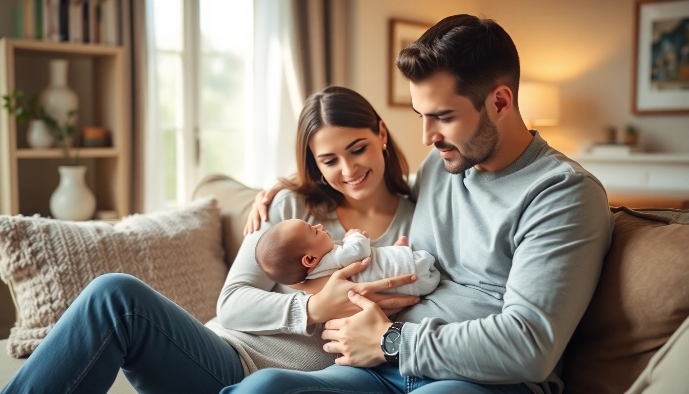 A family with new bornbaby enjoying a cozy moment at home together.