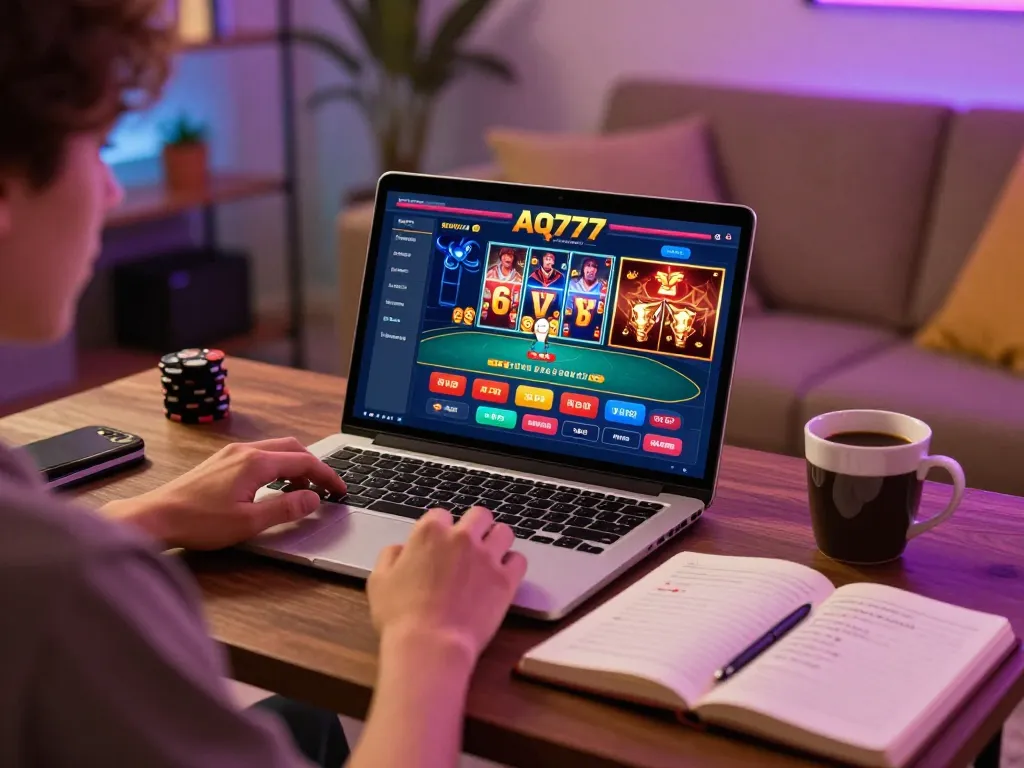 Uma pessoa jogando no cassino online AQ777 em um laptop em casa, com estratégias de apostas visíveis.
