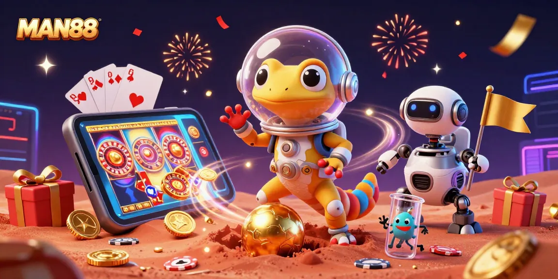 Engage in thrilling gaming at MAN88, with a vibrant casino illustration showcasing exciting elements.
