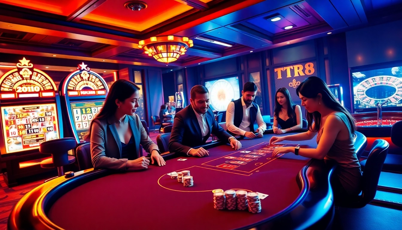 Engage in thrilling gambling at TR88, featuring a vibrant casino scene with Blackjack and slot machines.