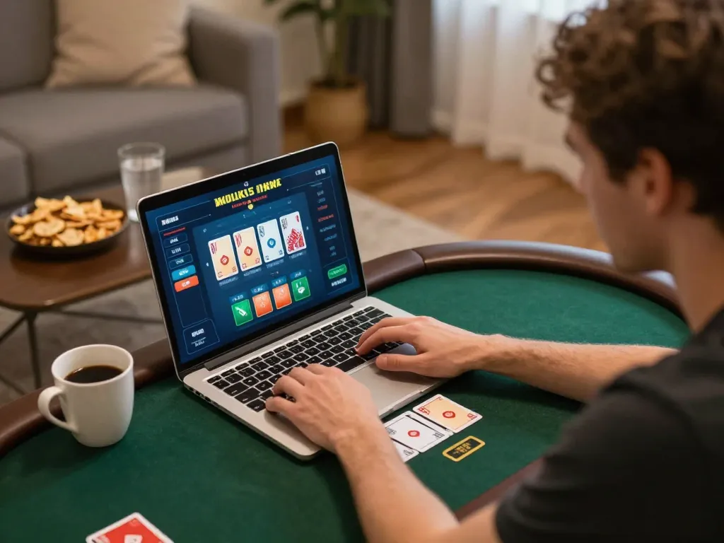 uu88 game strategy in action as a player calculates bets in an online poker game at home