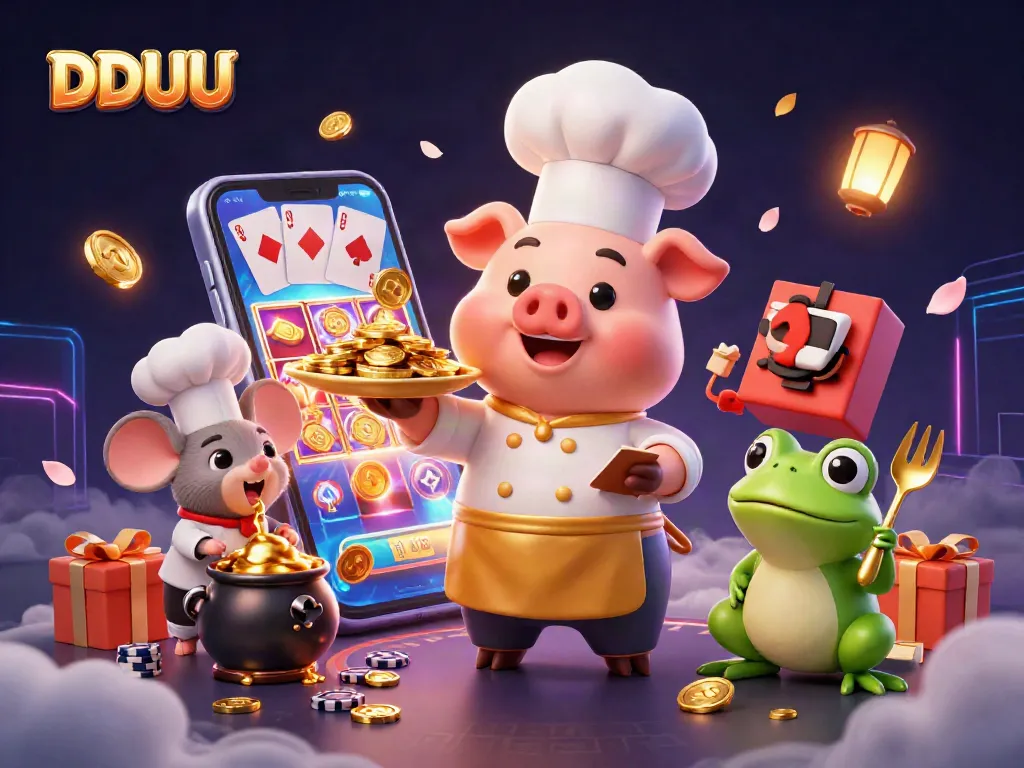 Engage in thrilling gameplay with DDUU in this vibrant casino scene highlighting gold coins, slot games, and dynamic characters.