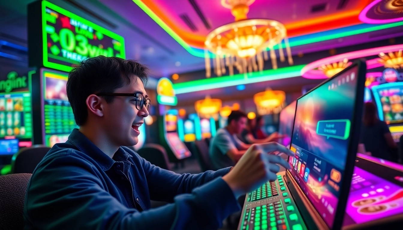 Enthusiastic player engaging with the ggwin betting interface in a vibrant casino environment.