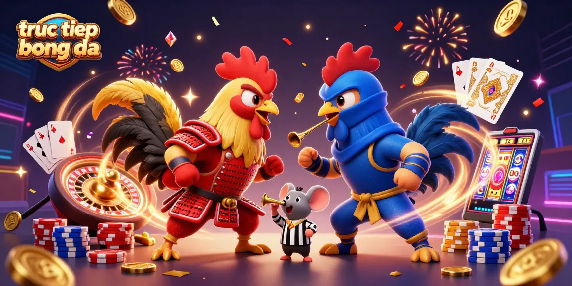 Watch truc tiep bong da as fighting roosters clash, surrounded by casino elements and gold coins.