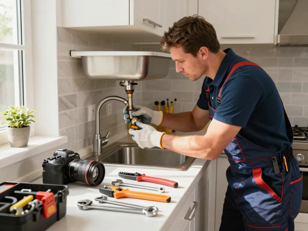 Encanador working on a kitchen sink repair with tools organized in a well-lit modern kitchen.