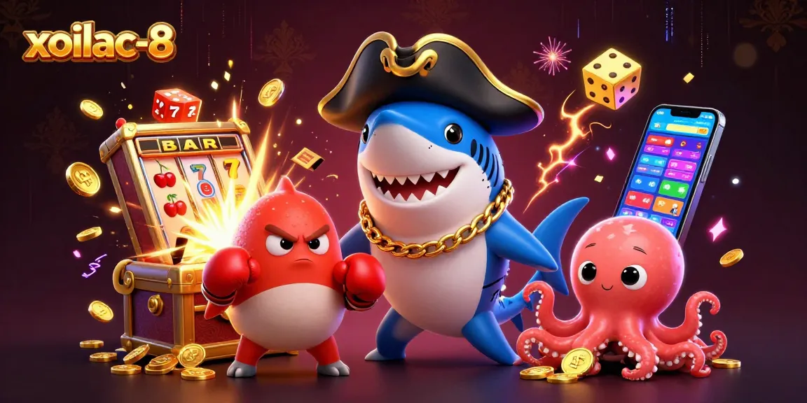 Xoilac-8 slots and sports betting scene with characters celebrating wins, showcasing casino excitement.