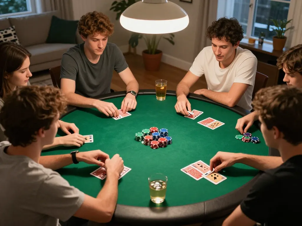 Players analyze their hands at a friendly poker game, showcasing the exciting atmosphere of 789win77.
