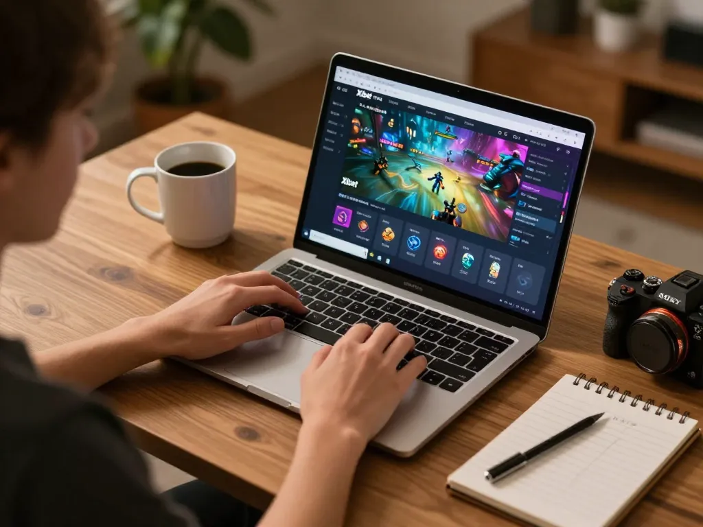 Engaged player using nhà cái XIBET platform on a laptop for online gaming at home with betting notes