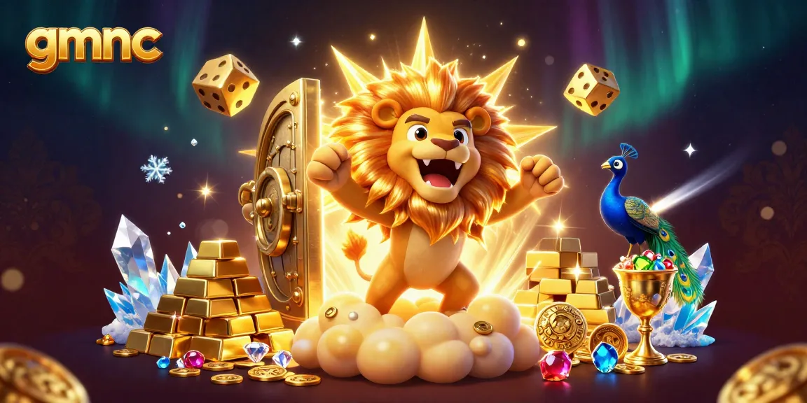 Engage in thrilling moments with gmnc as the majestic lion and golden dice ignite excitement in a vibrant casino atmosphere.